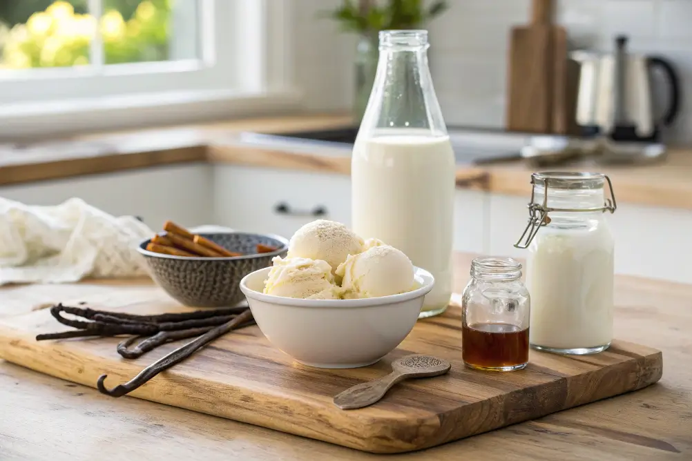 Ingredients for vanilla milkshake—vanilla ice cream, milk, and vanilla extract arranged on a wooden cutting board.
