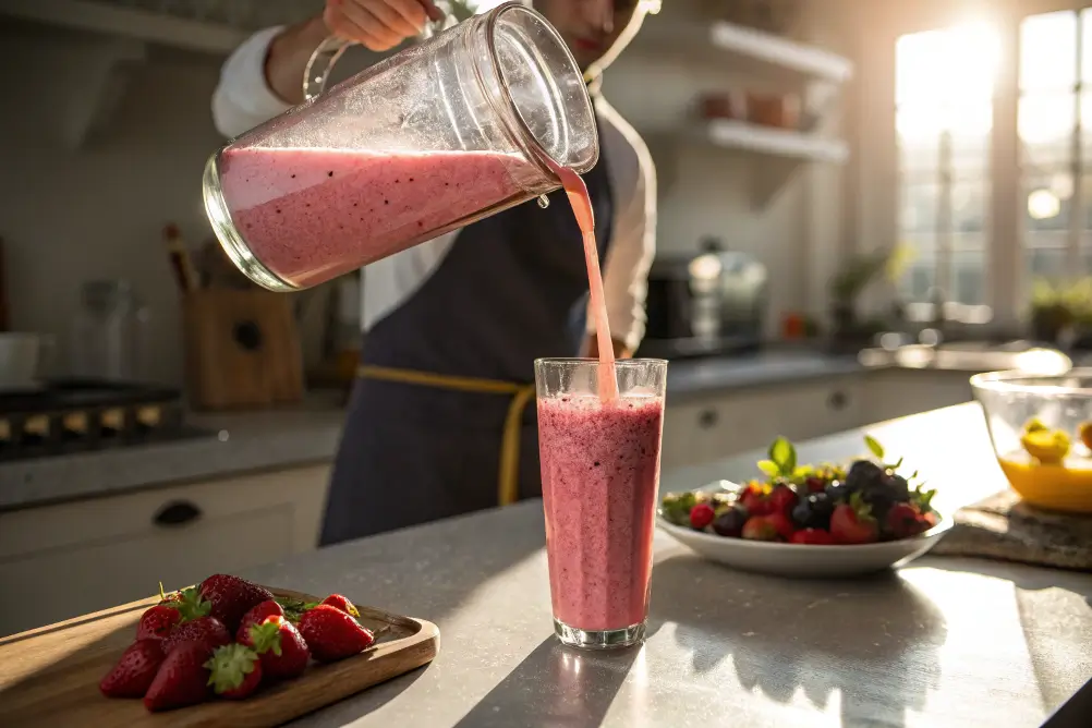 Pouring jetty punch smoothie from blender into glass in kitchen