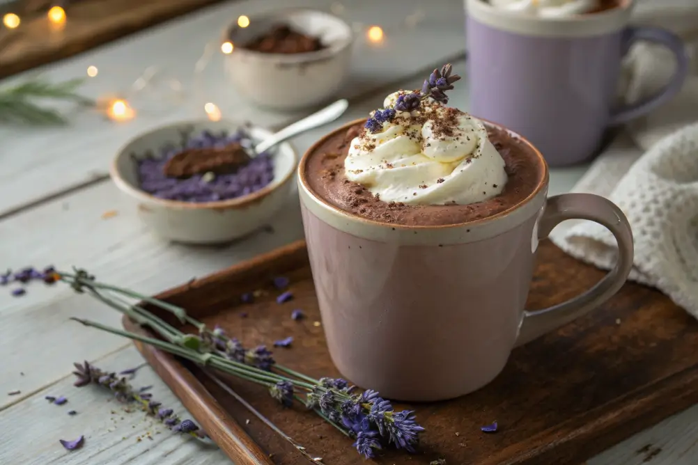 Steaming mug of lavender hot chocolate on rustic table