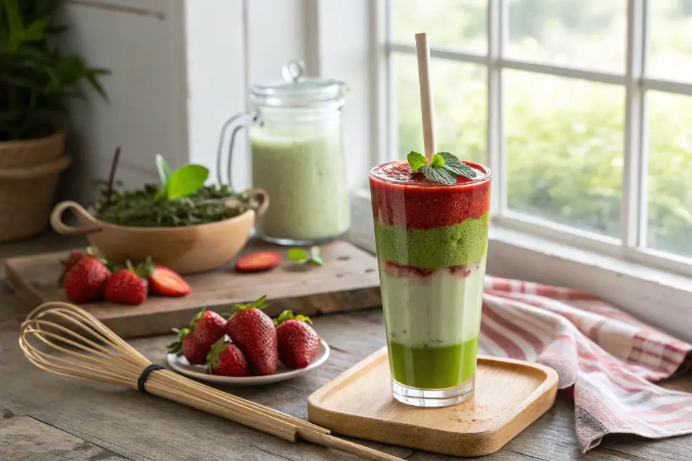 Strawberry Matcha Latte with two-tone layers in a clear glass