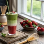 Layered strawberry matcha latte in a clear glass with ice, showing pink strawberry base and green matcha top.