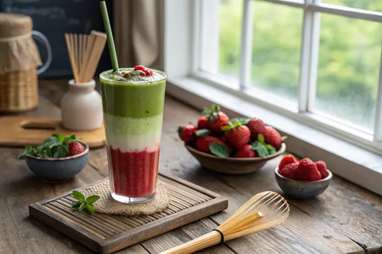 Layered strawberry matcha latte in a clear glass with ice, showing pink strawberry base and green matcha top.
