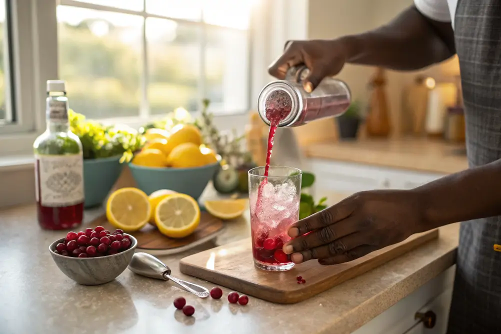 Chef pouring cranberry juice into a glass with ice and lemon