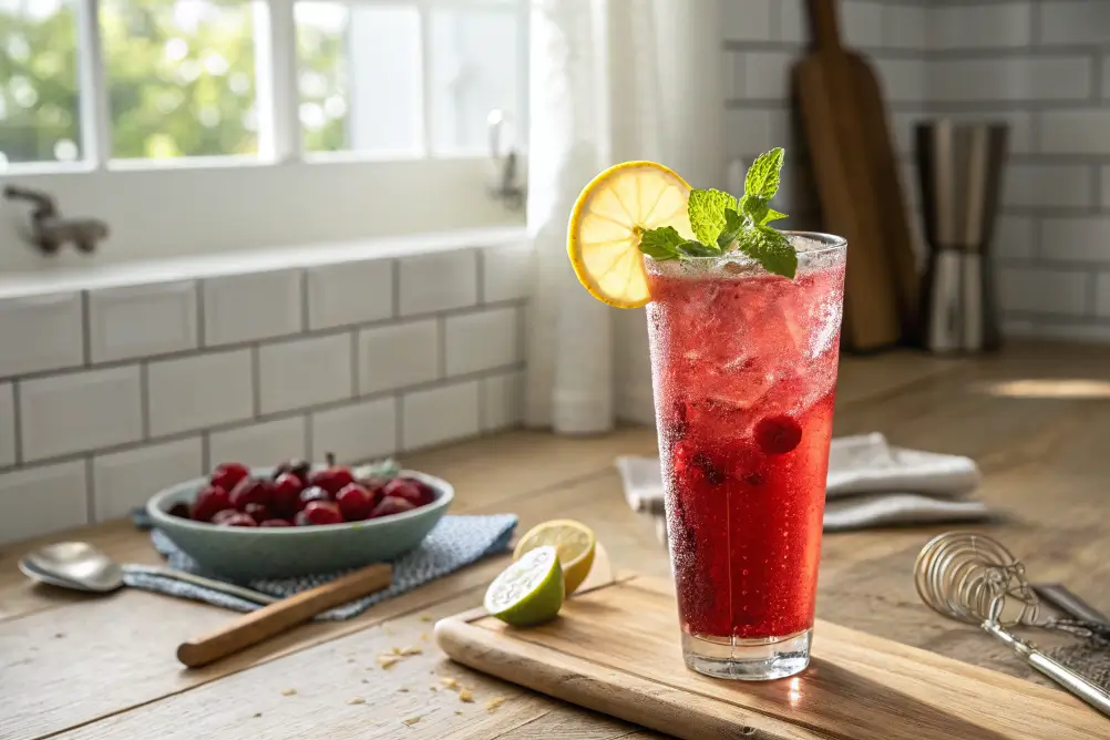 Cranberry lemon mocktail in a tall glass by a window with mint and lemon garnish