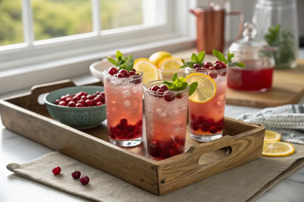 Three cranberry lemon mocktails on a rustic tray with garnishes