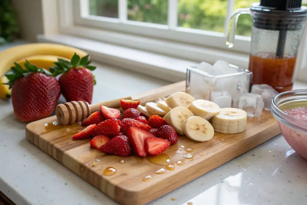 Jetty punch smoothie ingredients on a cutting board with blender