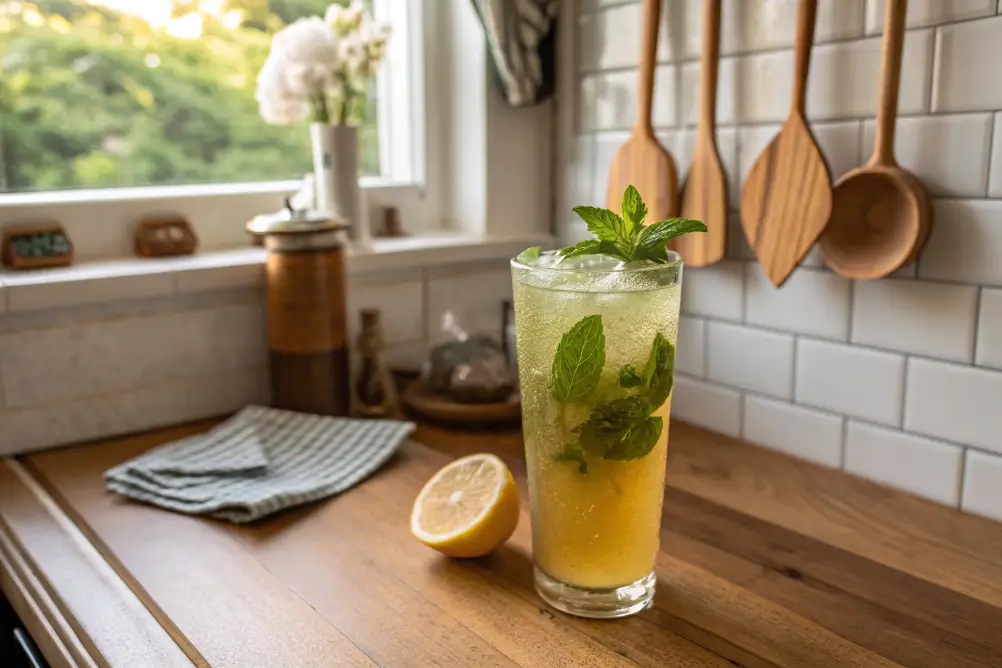 Mounjaro recipe detox drink on wooden table with lemon and mint garnish