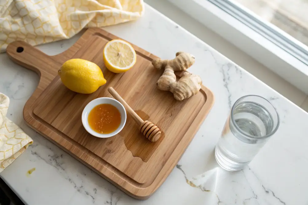 Mounjaro recipe ingredients including lemon, ginger, honey on cutting board
