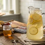 Pitcher of maple lemonade with lemon slices and maple syrup bottle
