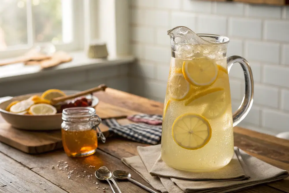 Pitcher of maple lemonade with lemon slices and maple syrup bottle