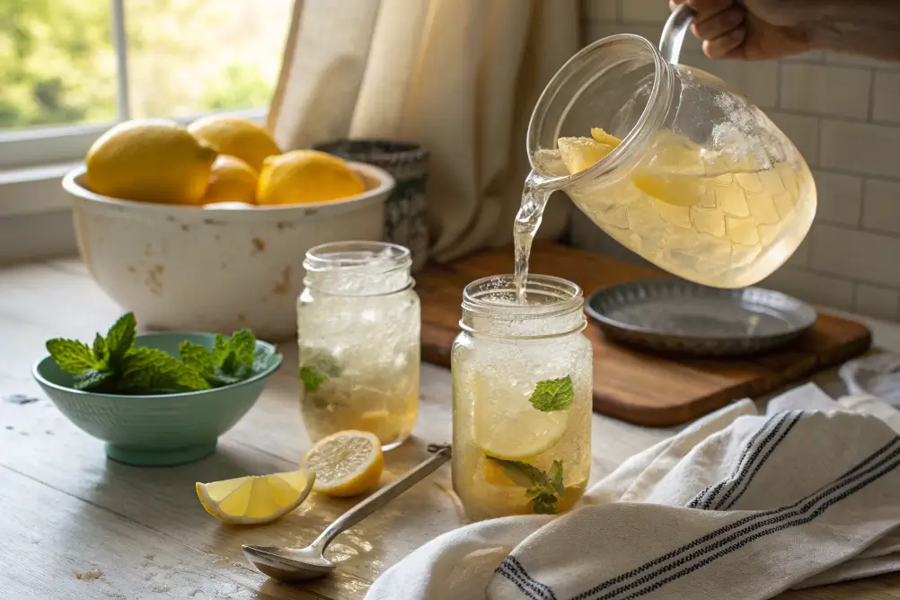 Stirring maple lemonade in pitcher with wooden spoon and lemon pulp