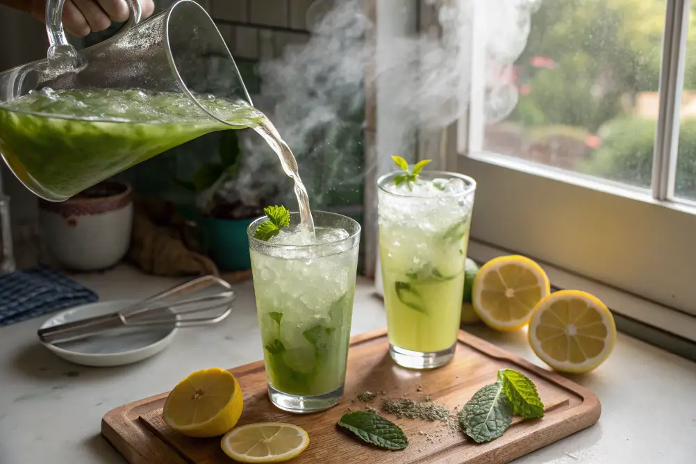 Pouring matcha lemonade into ice-filled glasses