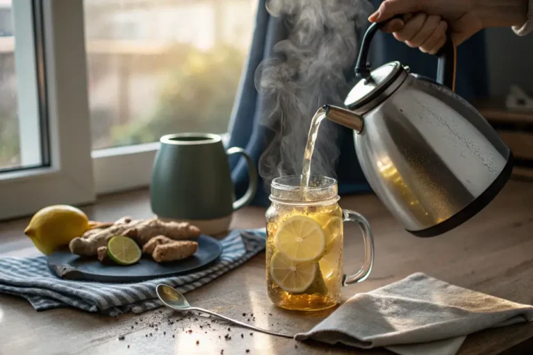 Warm lemon-ginger detox drink in a ceramic mug with steam rising, surrounded by fresh lemon slices and ginger root.