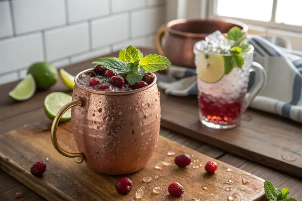 Cranberry ginger beer mocktail in copper mug	