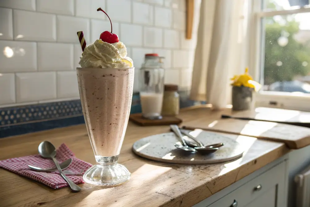 Classic ice cream milkshake with whipped cream and cherry on a wooden kitchen table in natural window light.