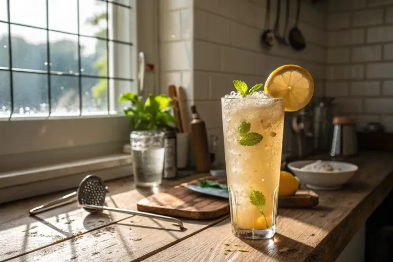 Tall glass of homemade mounjaro drink with lemon and mint on kitchen table