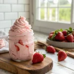 Strawberry Marshmallow Fluff in jar on wooden kitchen table
