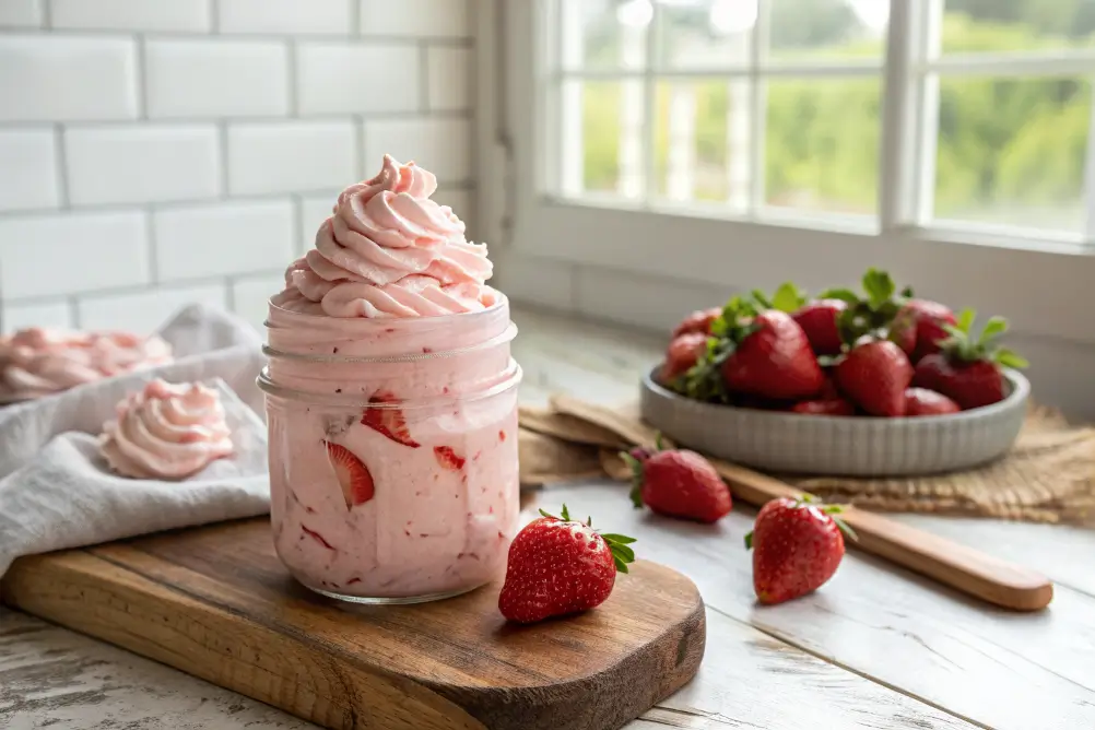 Strawberry Marshmallow Fluff in jar on wooden kitchen table