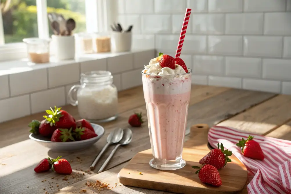 Tall glass of creamy strawberry milkshake with whipped cream and fresh strawberries by a bright kitchen window.