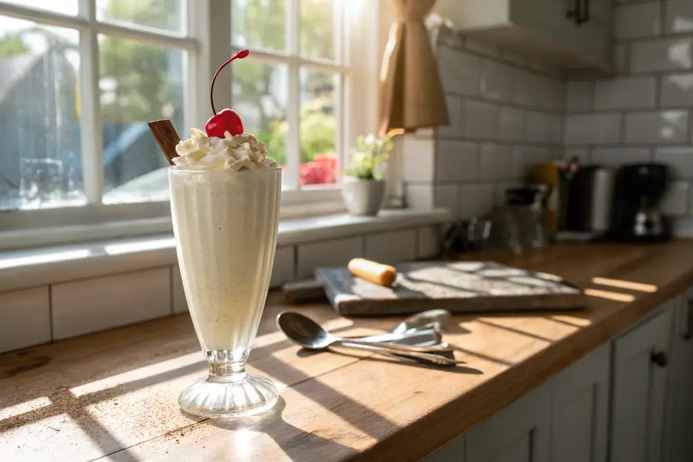 Classic vanilla milkshake in a tall glass with whipped cream and a cherry, on a wooden kitchen table in natural window light.