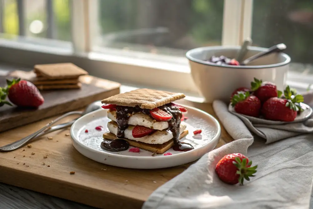 Fluff-filled graham cracker sandwich with strawberries