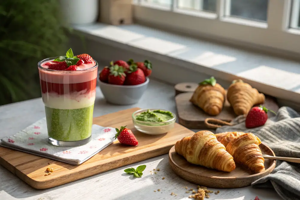 Strawberry Matcha Latte with brunch setup