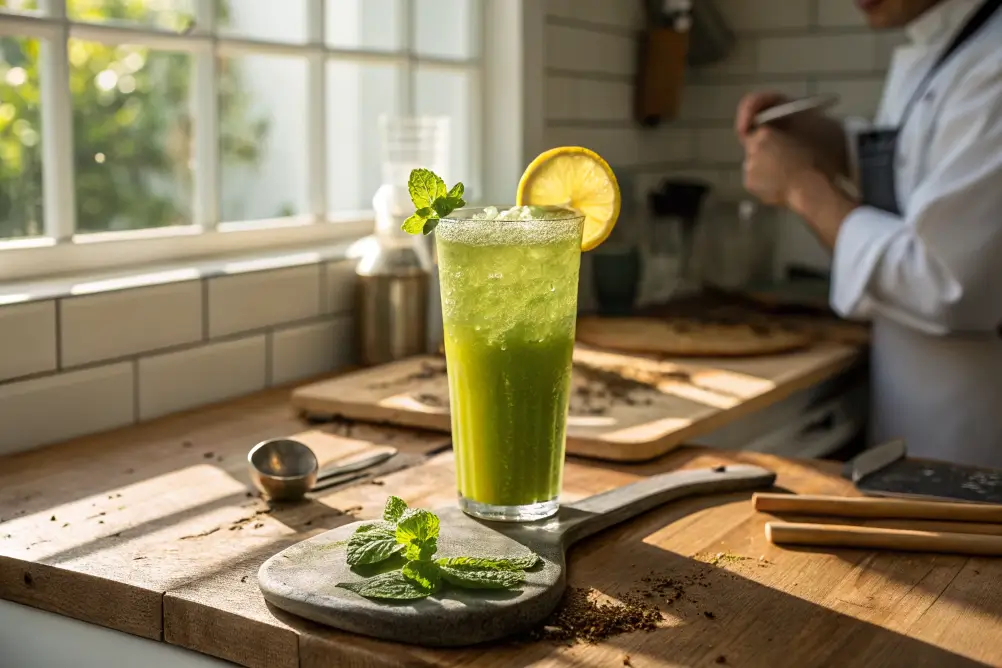 Glass of vibrant matcha lemonade with lemon and mint
