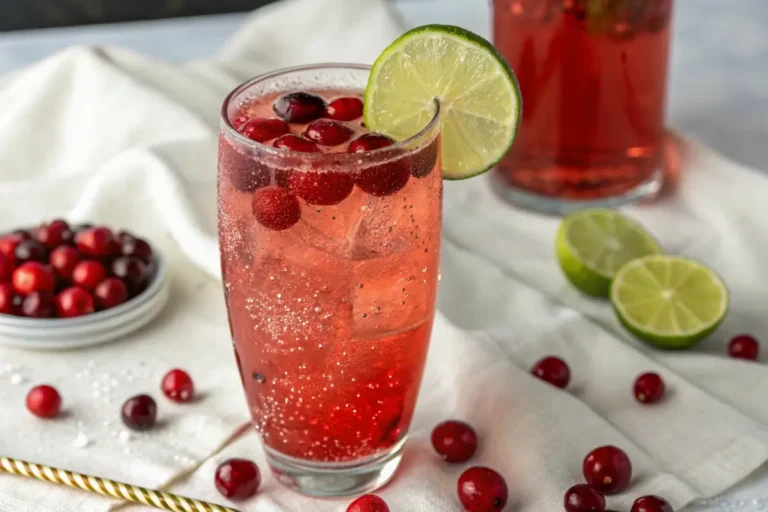 A sparkling cranberry ginger beer mocktail served in a copper mug with ice, frozen cranberries, fresh mint, and lime slices, on a festive holiday table.