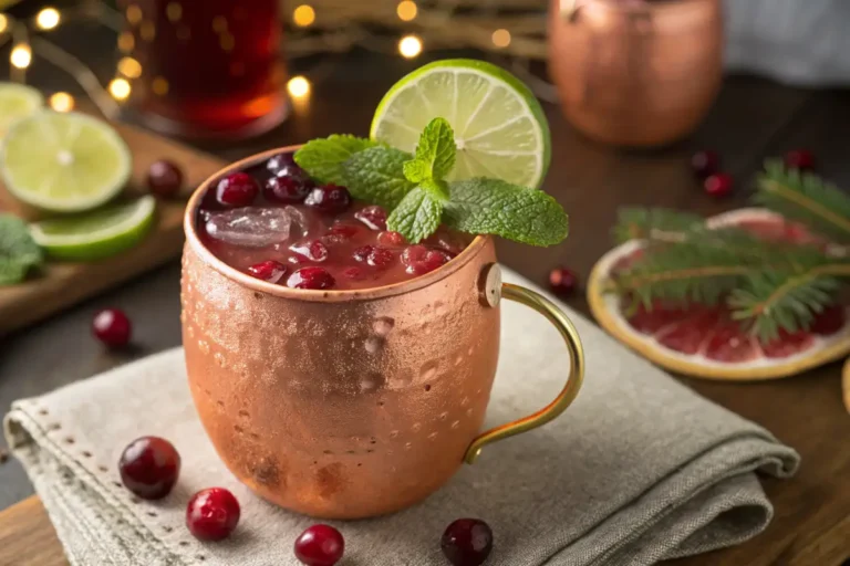Festive cranberry Moscow mule mocktail served in a copper mug with crushed ice, sugared cranberries, fresh rosemary, and a lime wedge.