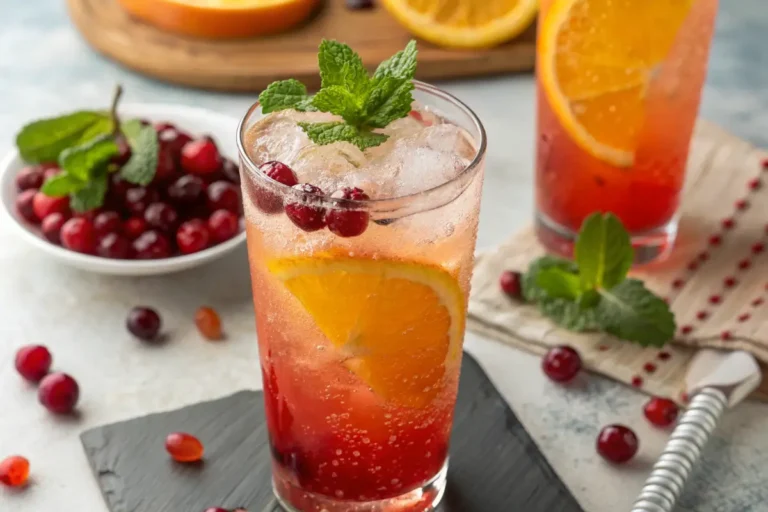 Bright red cranberry orange mocktail in a clear glass with a sugared rim, topped with cranberries, orange slice, and rosemary.