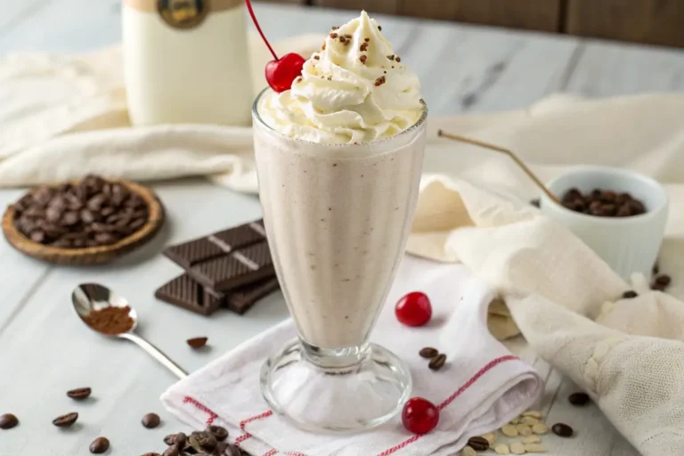 Tall glass of vanilla milkshake topped with whipped cream, sprinkles, and a cherry for National Vanilla Milkshake Day