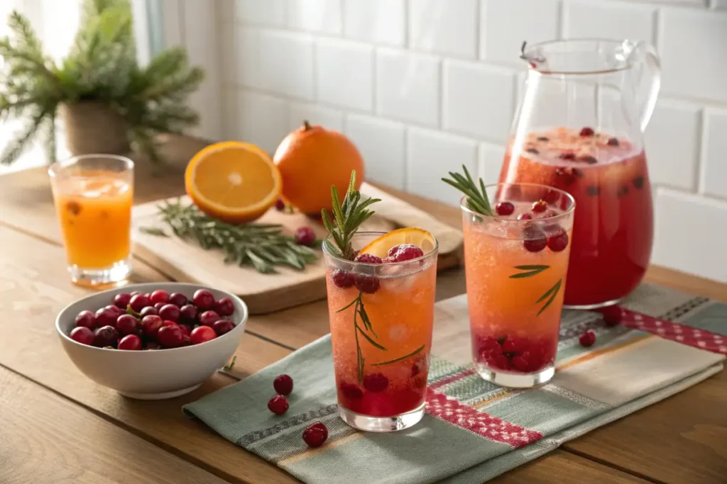 Trio of cranberry orange mocktails with festive garnishes by Chef Ana Armas	
