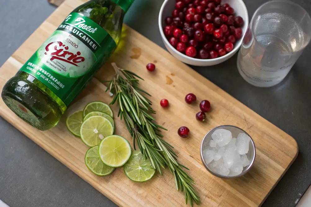 Ingredients for cranberry and Sprite mocktail on a cutting board	