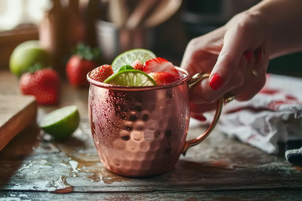 Muddling strawberries and lime in copper mug for Moscow mule