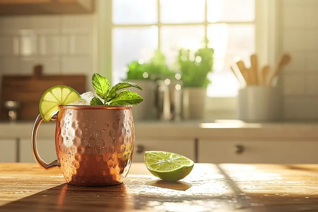 Three mocktail mules with assorted garnishes on kitchen tray