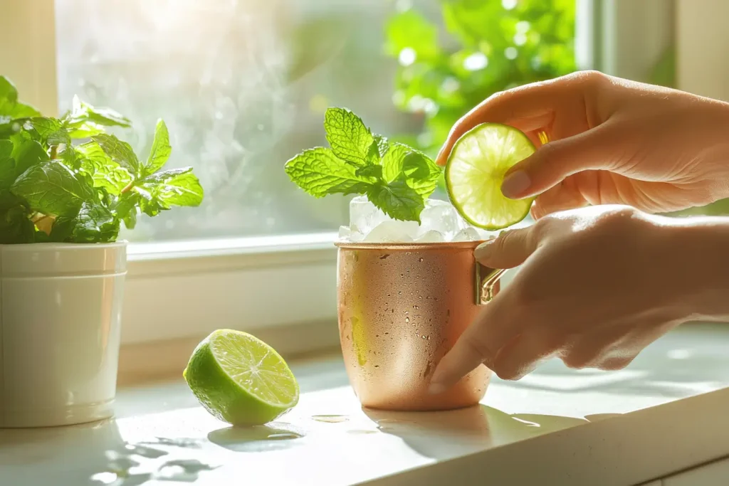 Squeezing lime into a copper mug for mocktail mule