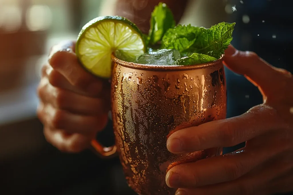 Hands muddling lime and mint in copper mug for Moscow Mule Mocktail