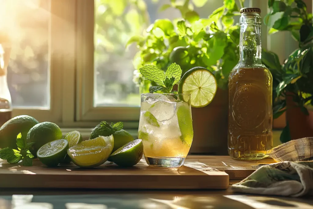 Moscow Mule Mocktail ingredients on wooden board in sunlit kitchen