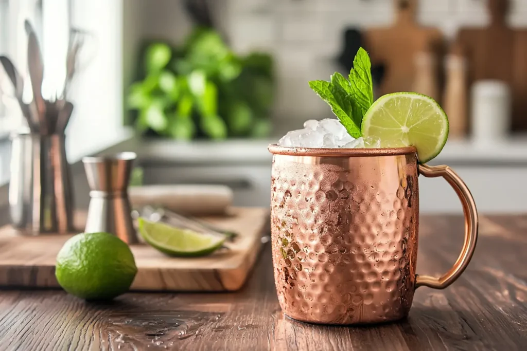Moscow Mule Mocktail in copper mug with lime and mint on kitchen table