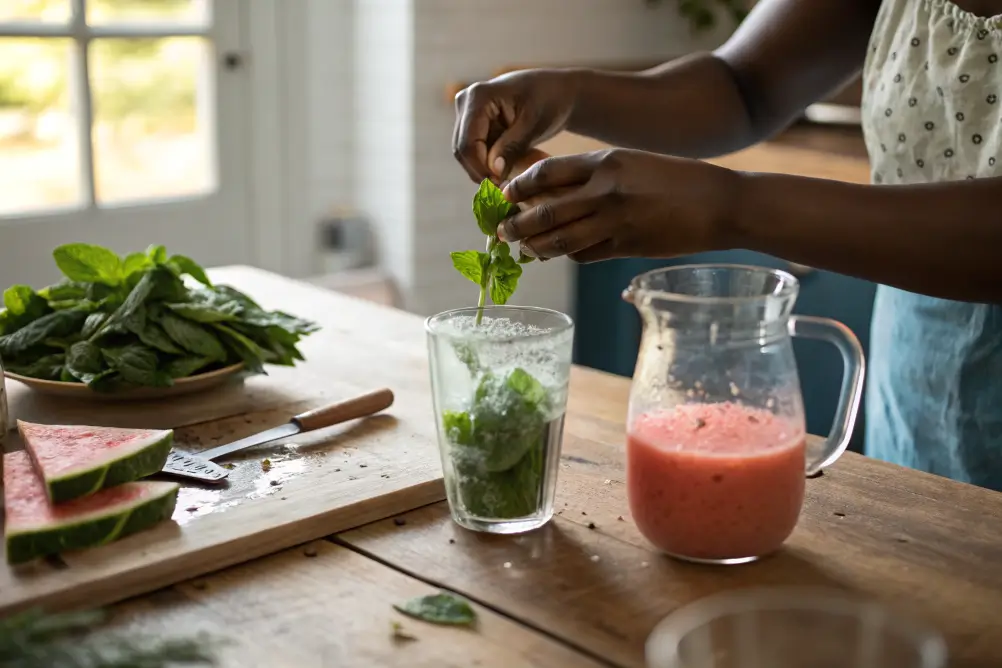 Muddling mint for watermelon mojito mocktail