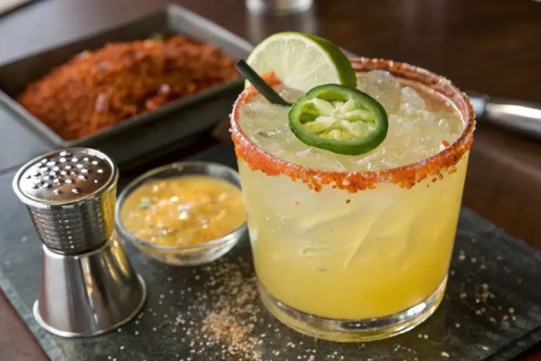 Virgin spicy margarita mocktail with lime and jalapeño, served in a Tajín-rimmed glass over ice.