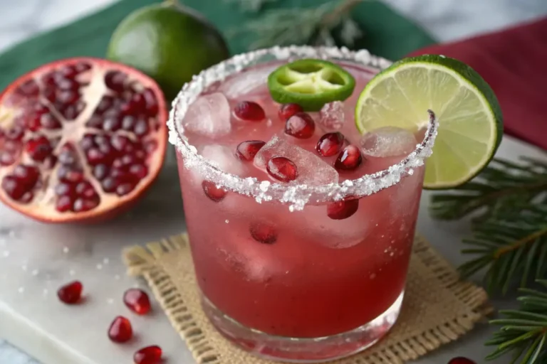 Virgin pomegranate margarita mocktail in a salt-rimmed glass with lime and pomegranate seeds.