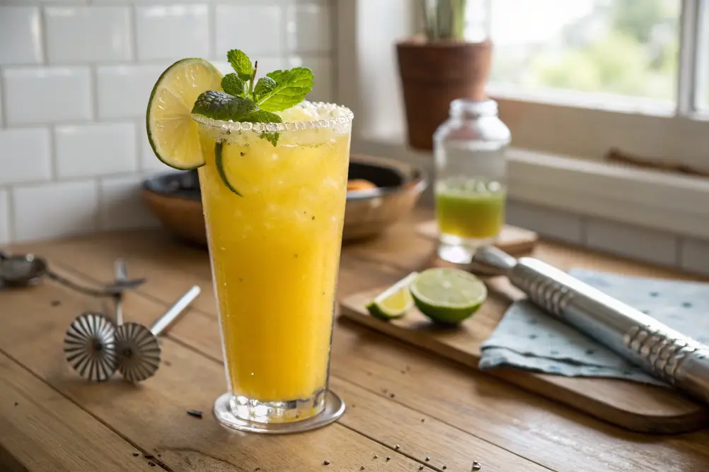 Virgin mango margarita in a glass on a sunny kitchen table