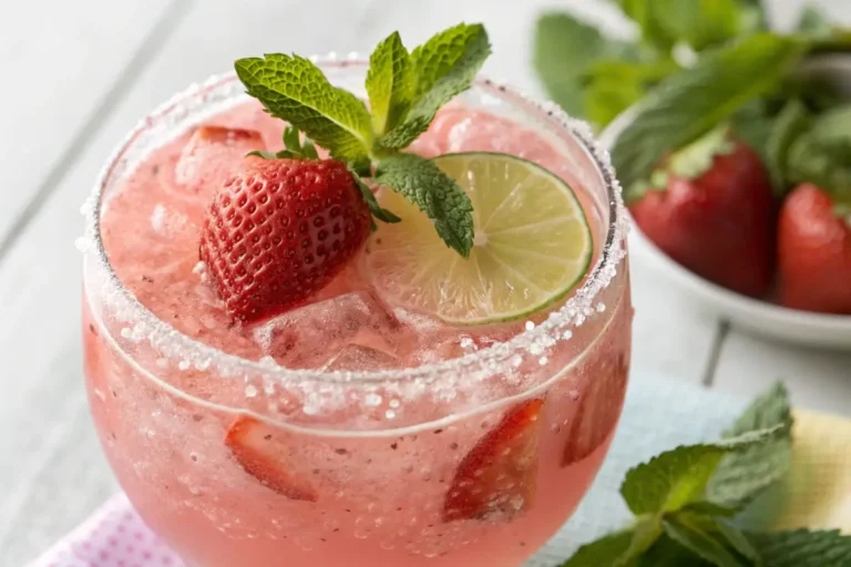 Virgin strawberry margarita mocktail served frozen, sugar rim, strawberry slice and lime wheel