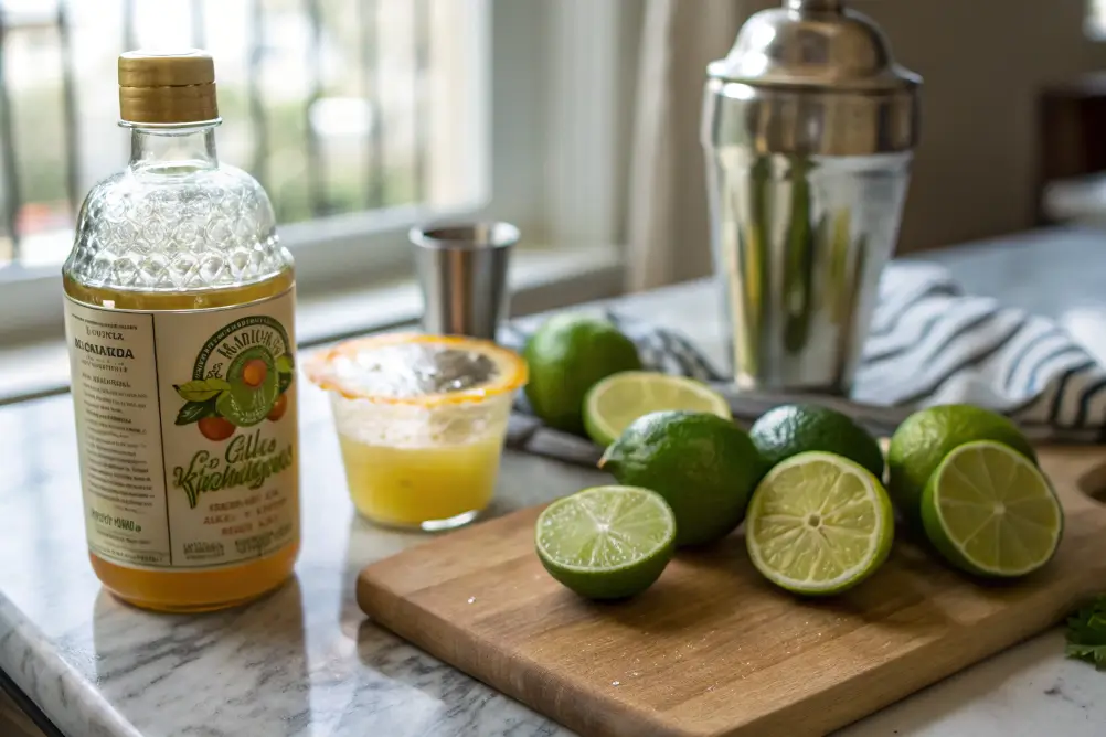 Virgin margarita ingredients on marble counter