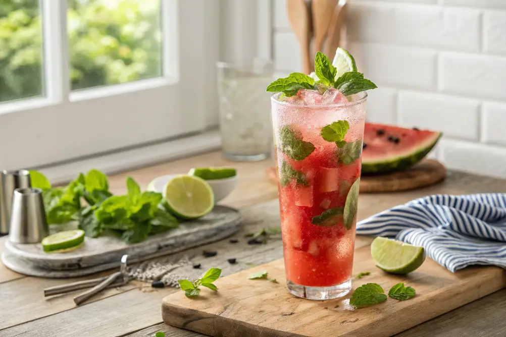 Watermelon mojito in a tall glass on a wood table	