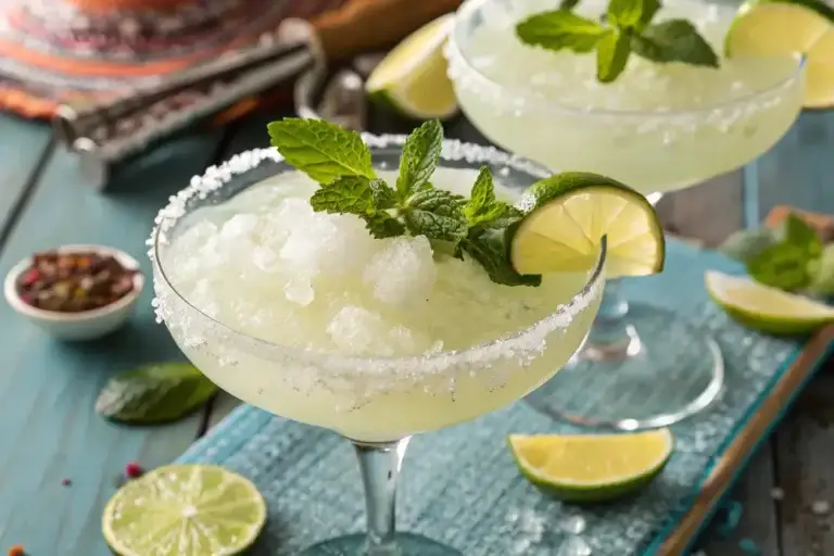 Frozen Virgin Margarita in salt-rimmed glass garnished with lime and mint