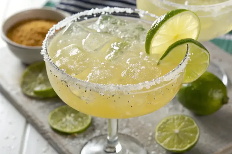 Refreshing virgin margarita in a salt-rimmed glass with lime wheel garnish and ice cubes.