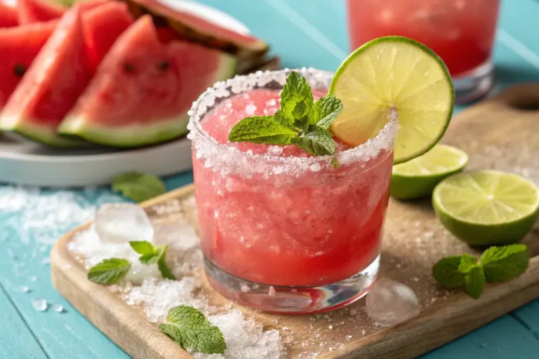 Refreshing summer drink in a clear glass garnished with mint, placed on a picnic table.
