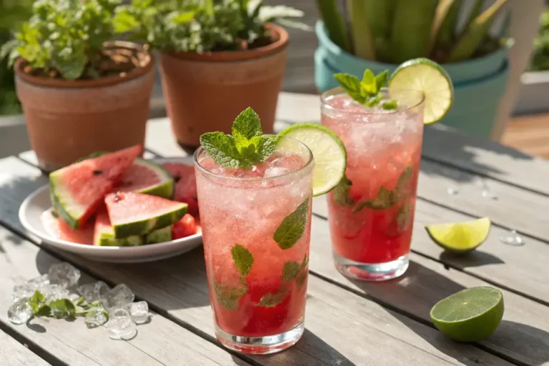 Watermelon mojito mocktails served outdoors on a summer-themed table setup.